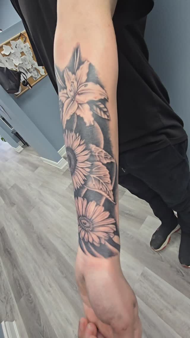 First tattoo? Let's go big!!! Floral 1/4 sleeve done on @seizureboy97 bold and black making it pop off the skin. Appointments available DM to book you