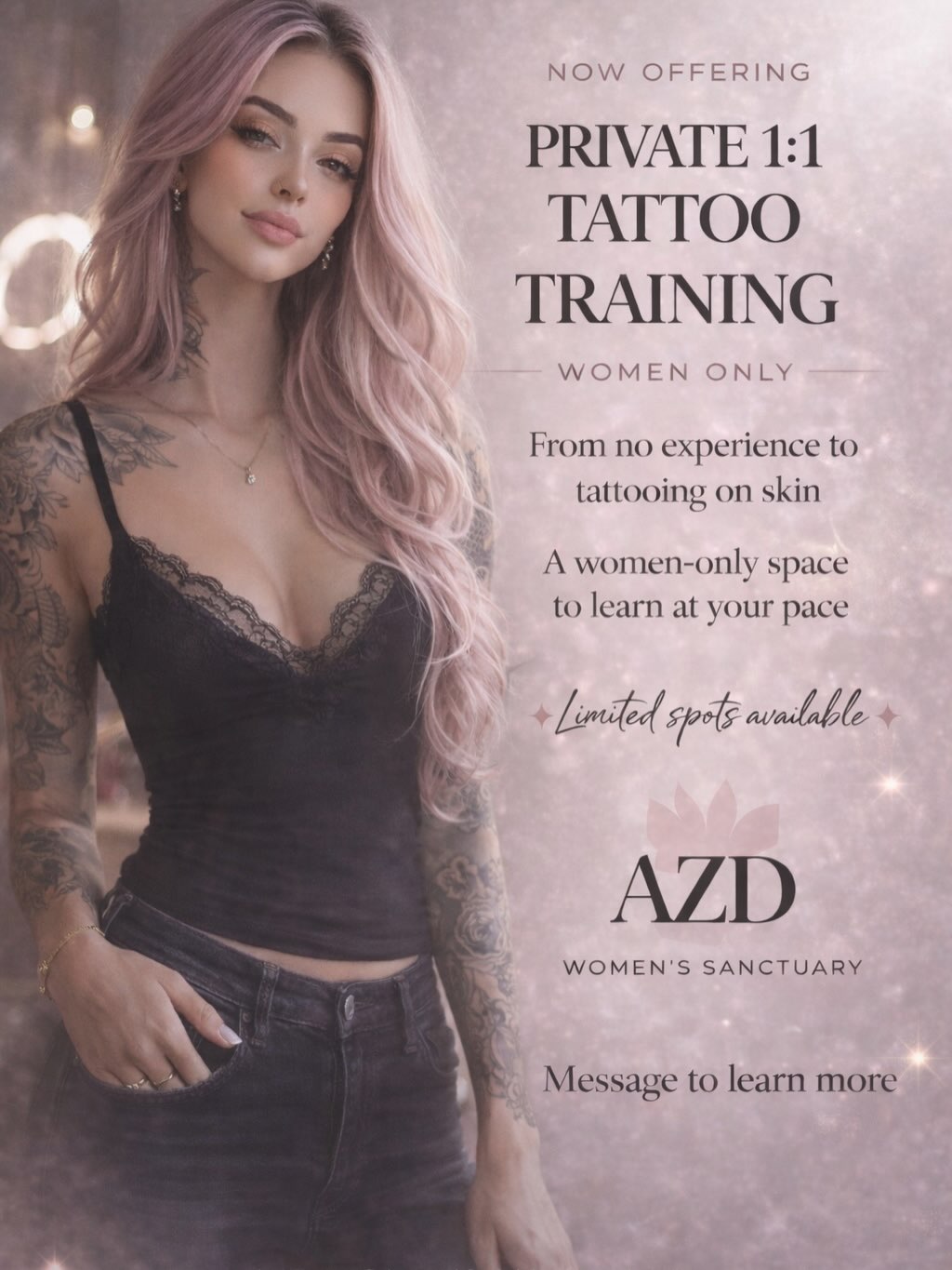 Private 1:1 tattoo training for women ready to start from the beginning.

From no experience to tattooing on skin — guided step by step.

Message to l