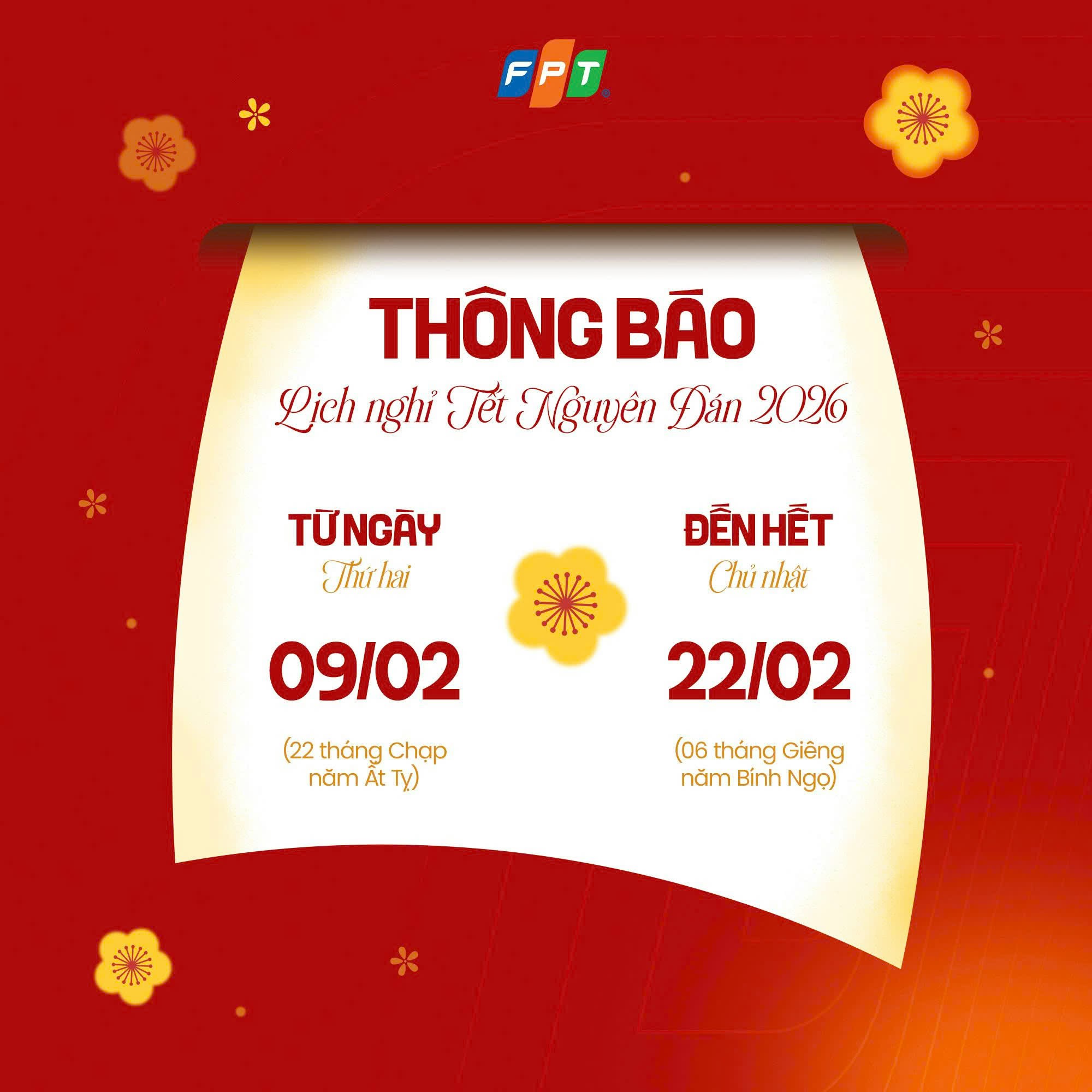 THÔNG BÁO LỊCH NGHỈ TẾT BÍNH NGỌ 2026