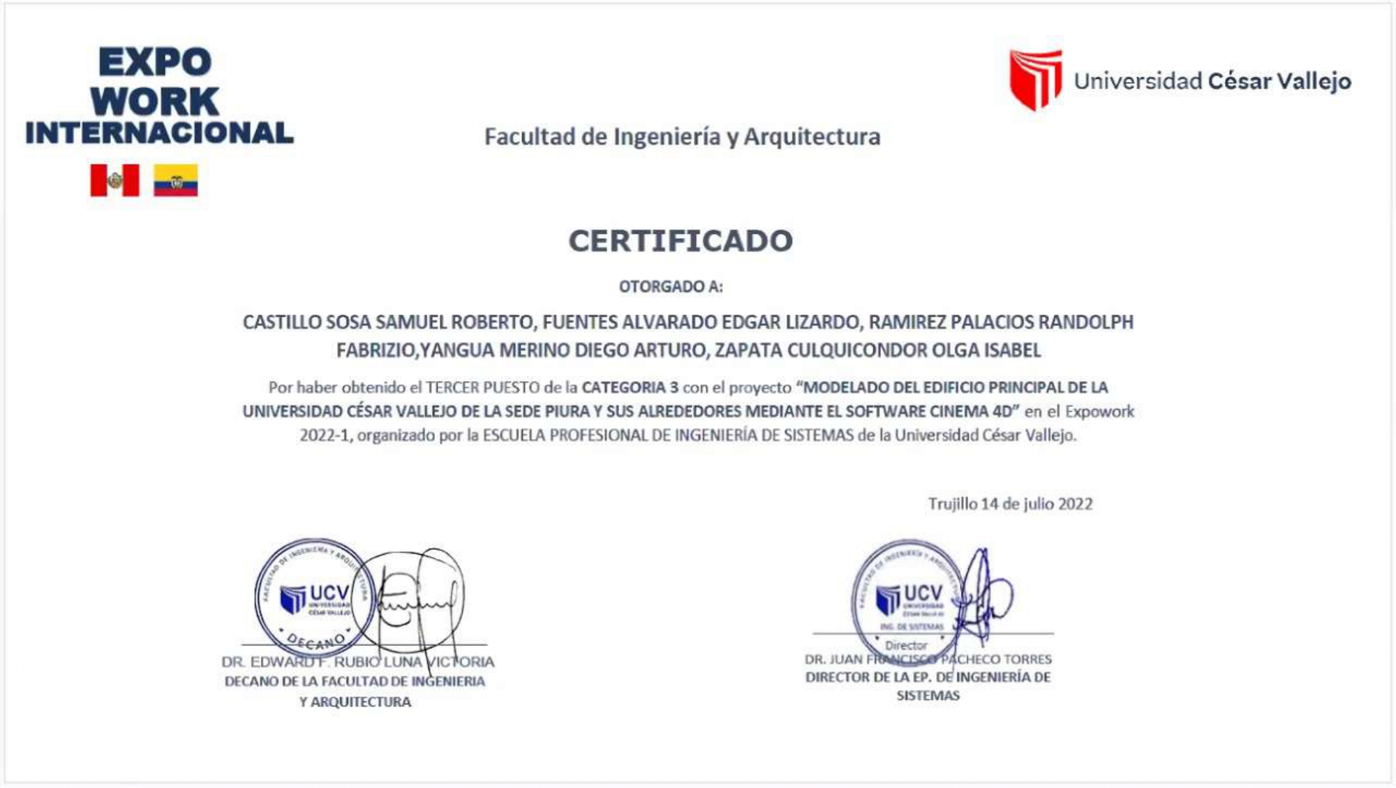 Logros de Diego Arturo Yangua Merino en la Universidad Cesar Vallejo
