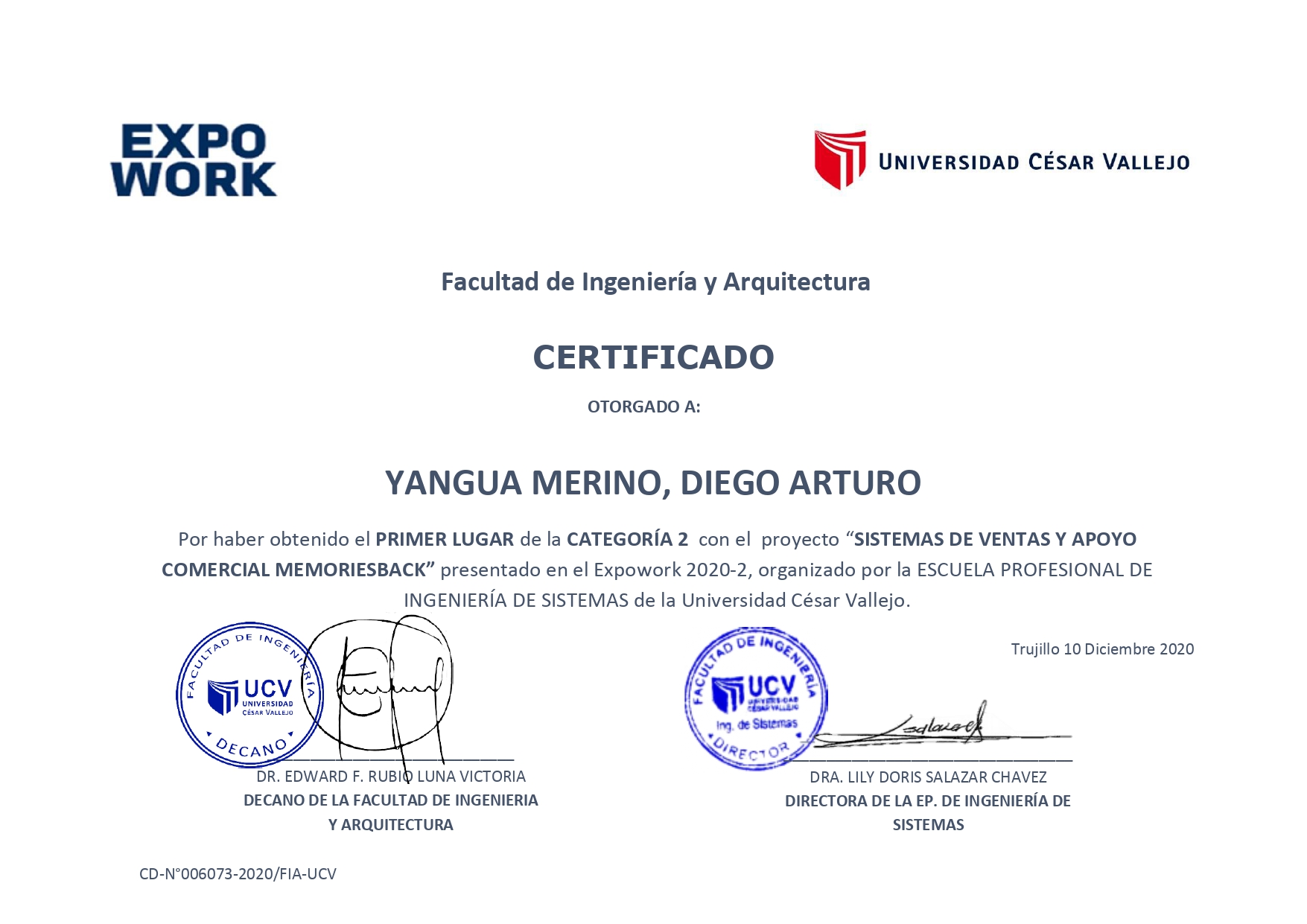 Logros de Diego Arturo Yangua Merino en la Universidad Cesar Vallejo