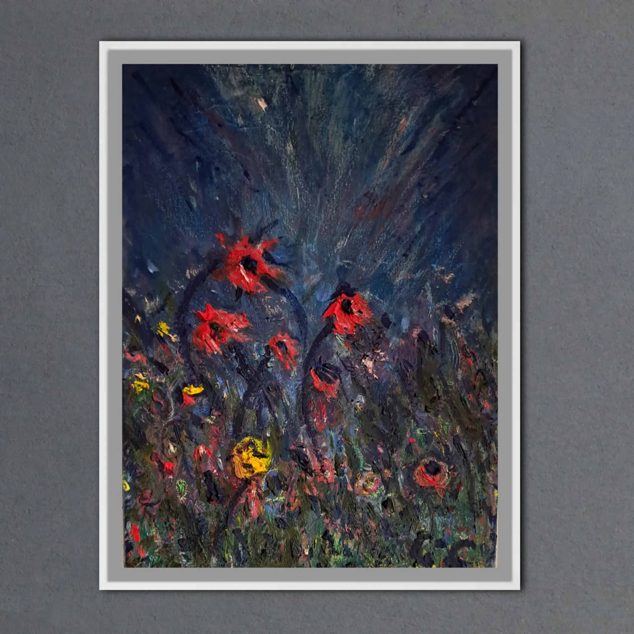 RED FLOWERS AT NIGHT