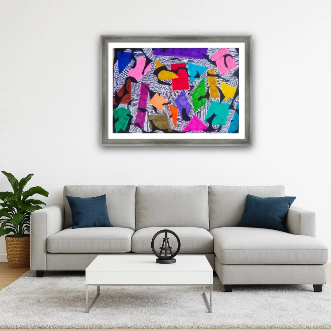 "Geometric Kaleidoscope" - The multicolored shapes against a black-and-white striped background create a dynamic visual experience.
