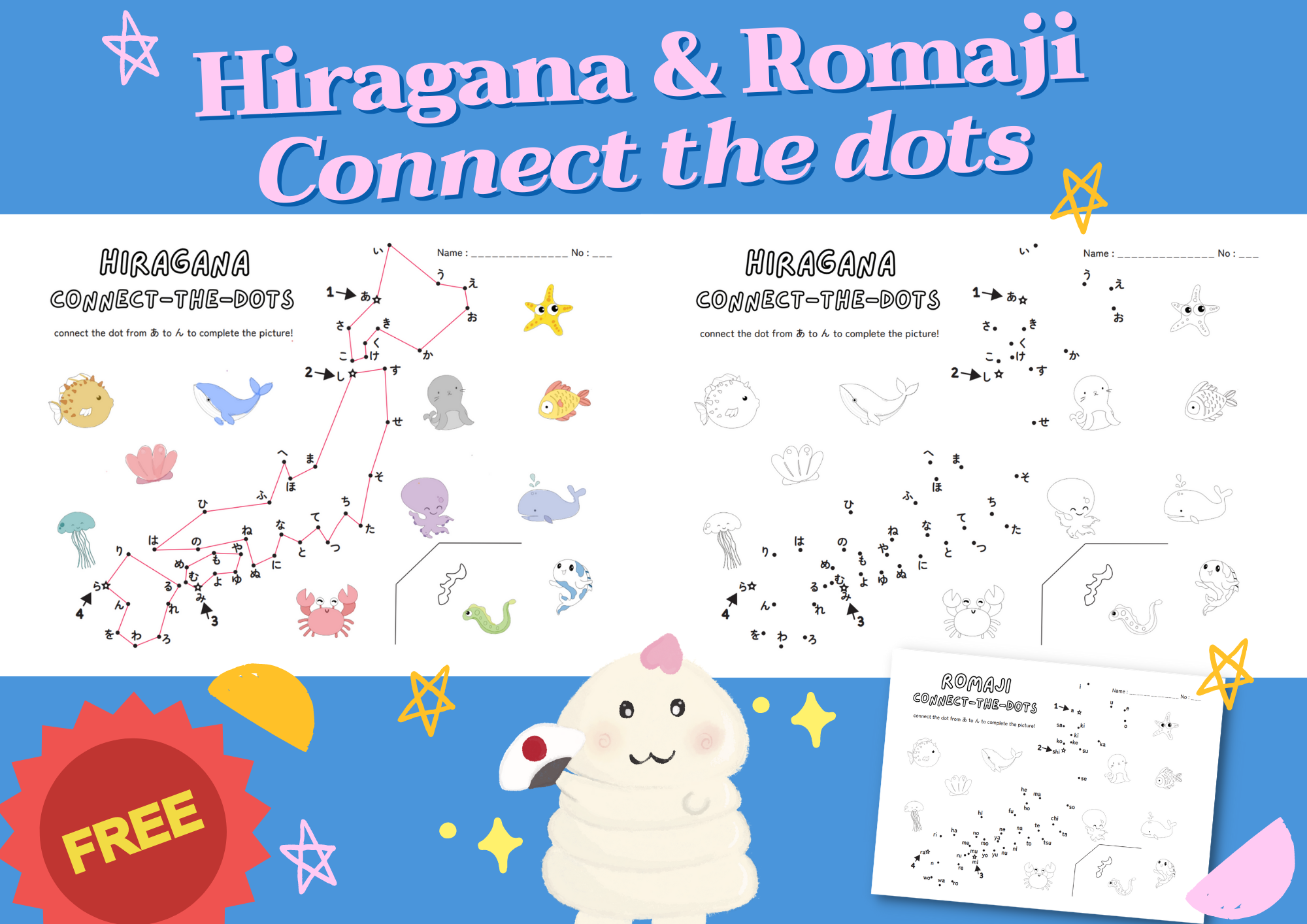 ภาพประกอบไอเดีย Hiragana-Romaji Dot to dot ลากเส้นต่อจุด