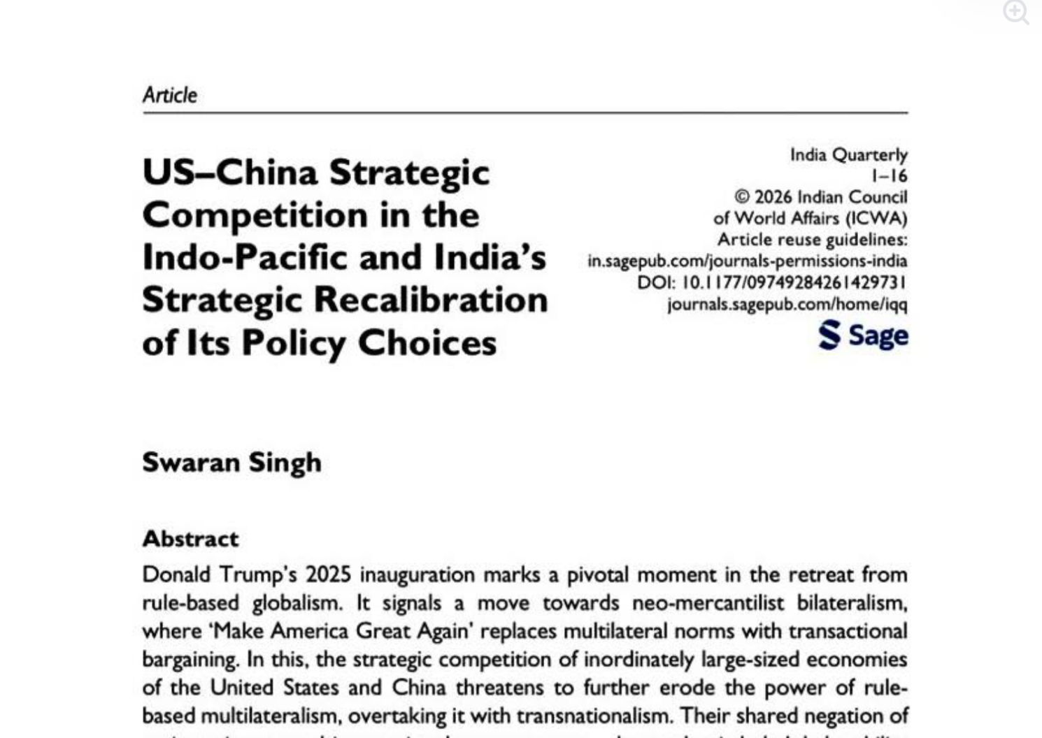 US–China Strategic Competition in the Indo-Pacific and India’s Strategic Recalibration of Its Policy Choices