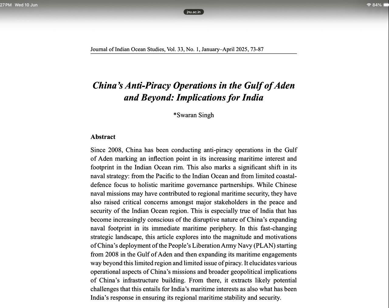 China’s Anti-Piracy Operations in the Gulf of Aden and Beyond: Implications for India