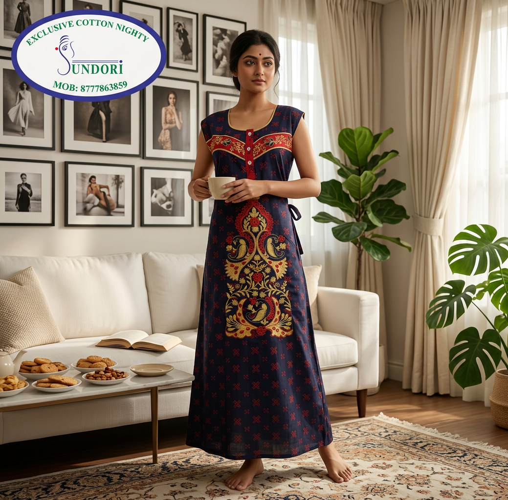 Embroidered A-line sleeveless nighty