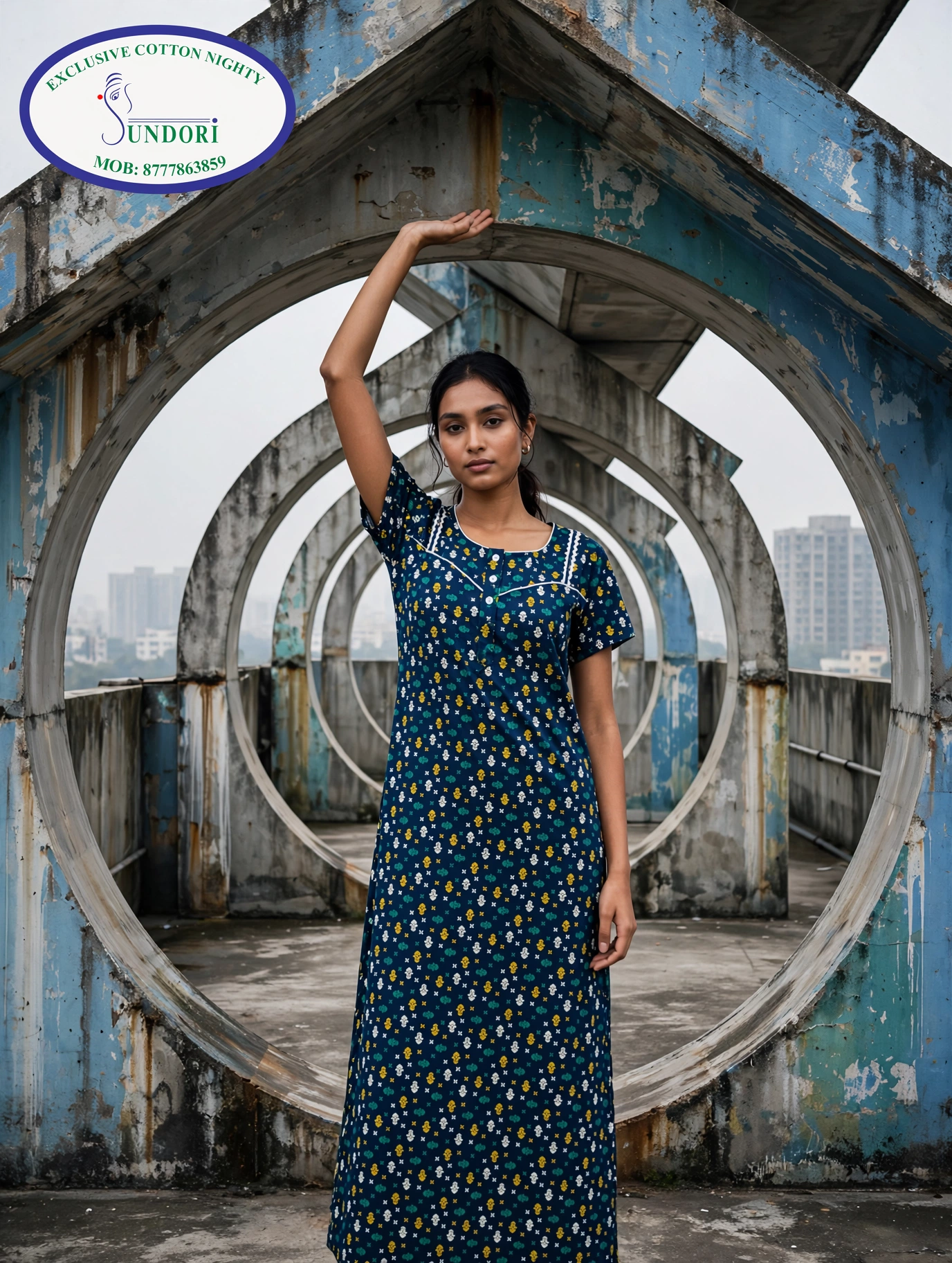 A-line lace work and piping cotton nighty.