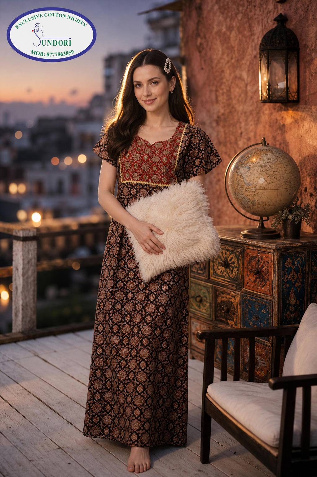 Ajrakh printed cotton nighty