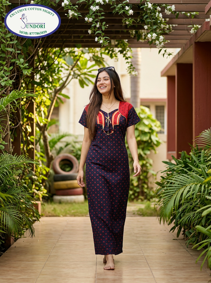 Red-Navy Designer A-line nighty