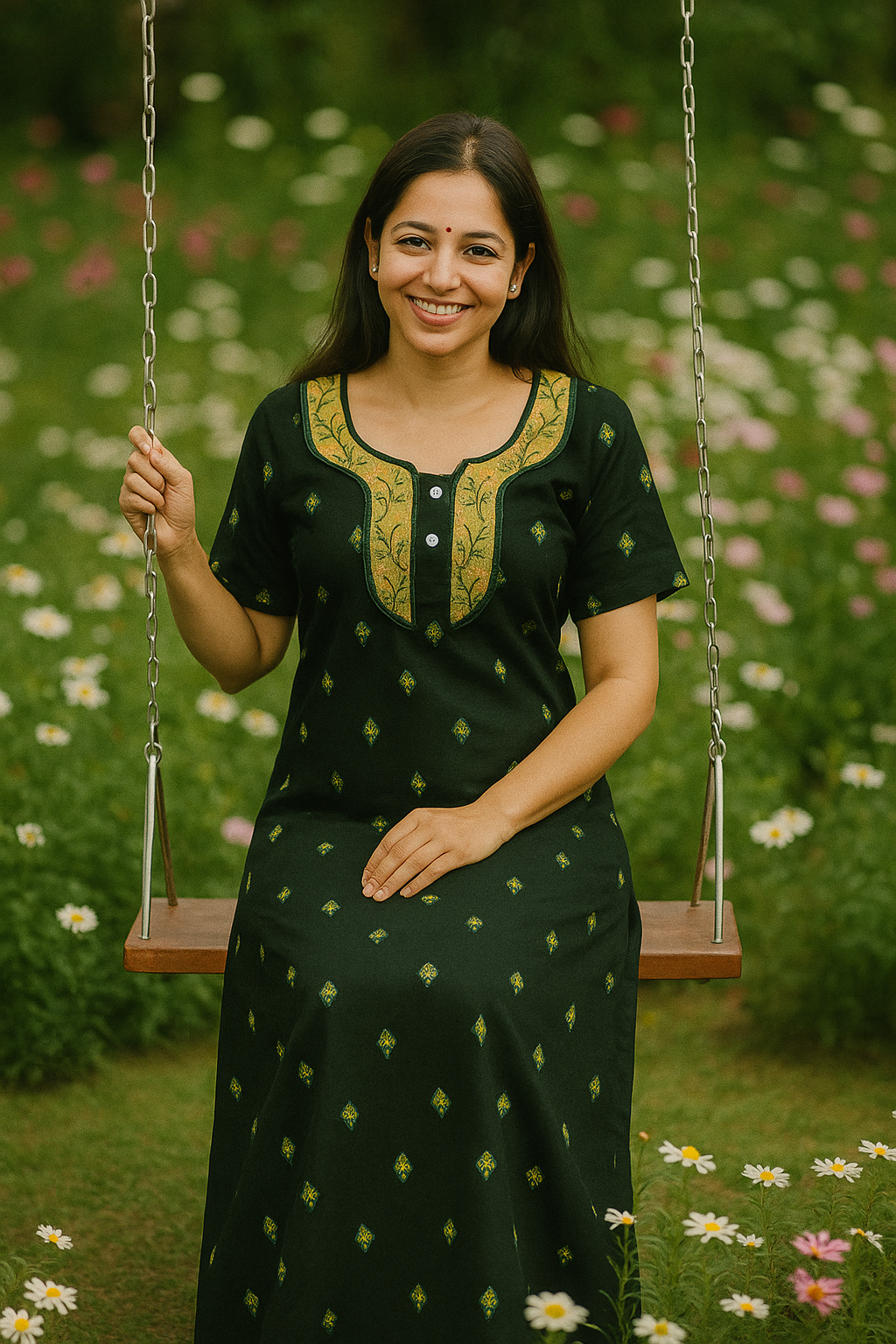 Embroidered round neck A-line.