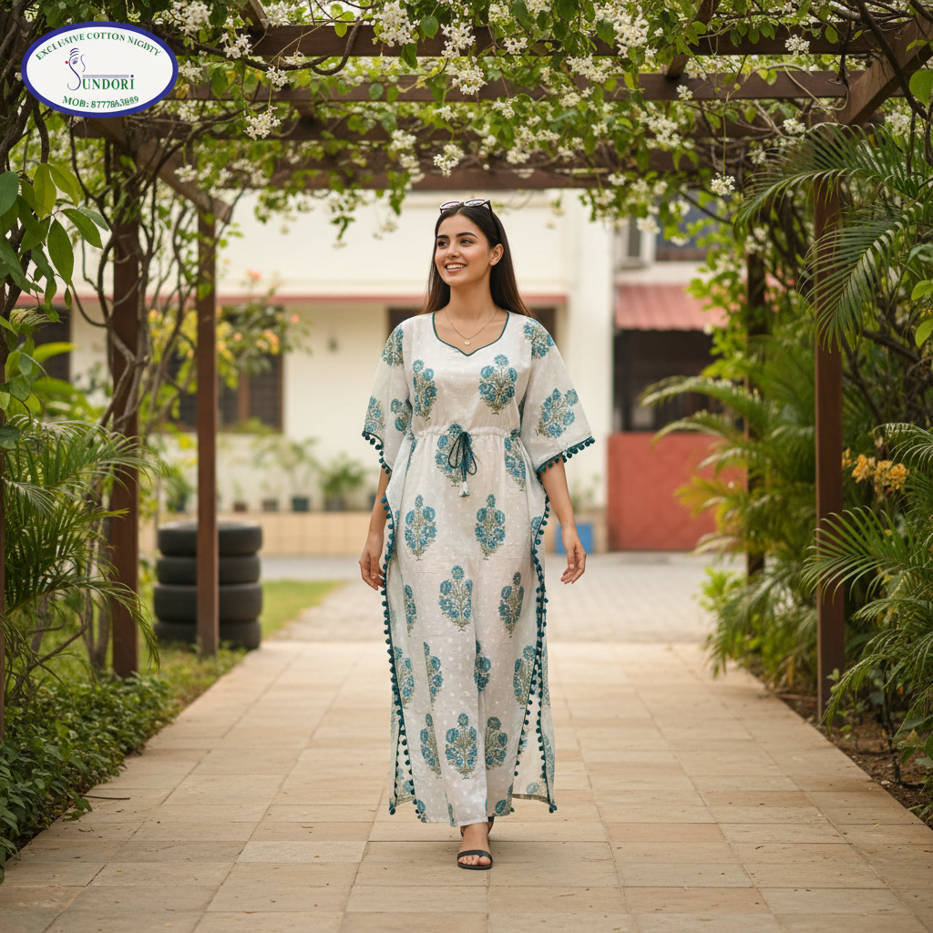 Designer block printed cotton kaftan