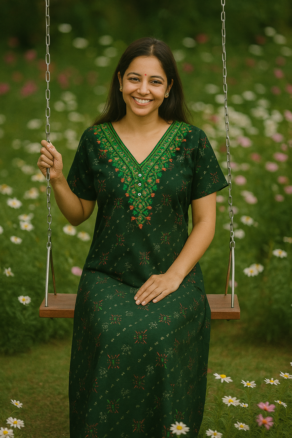 Embroidered V-neck A-line.