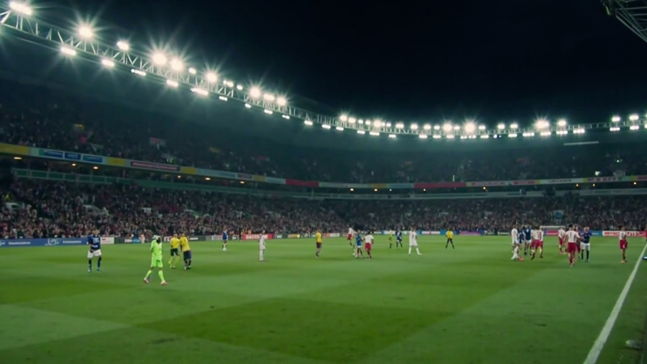 wide view of a packed football stadium at night, floodlights on, no logos, no text