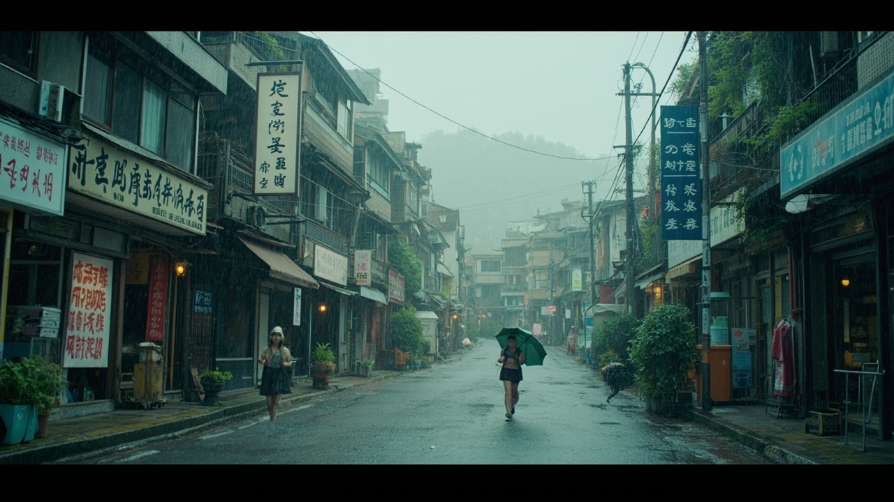 Heavy monsoon rainfall over Korean hillside apartment district near South Korea rainy hillside residential area, wide do