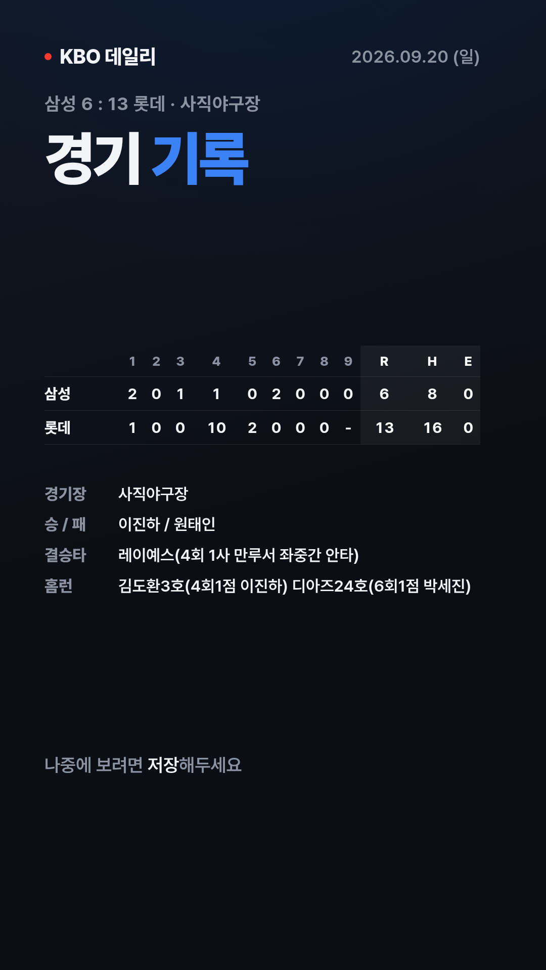 KBO 경기 결과 (9월 20일) 16