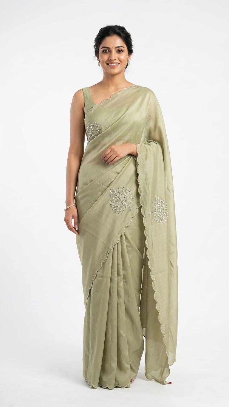 Premium satin silk with border pearl work ready to wear