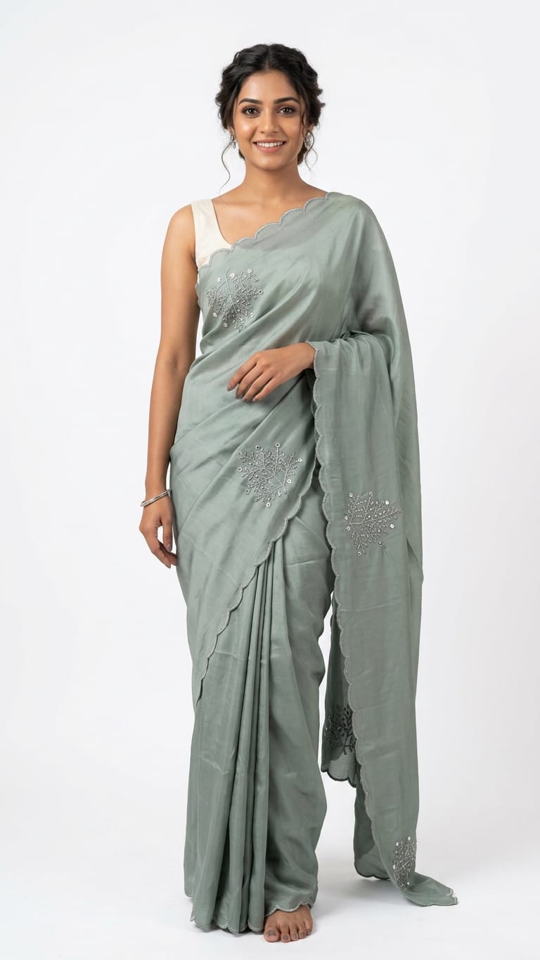 Premium satin silk with border pearl work ready to wear
