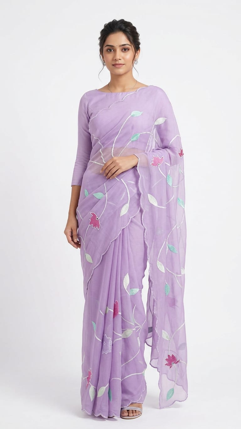 Chiffon hand painted saree with pearl border ready to wear