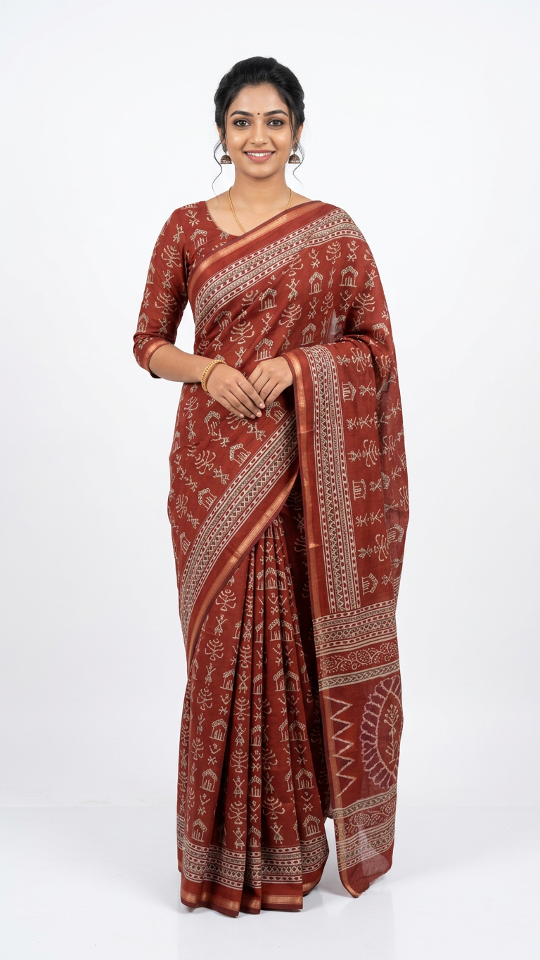 Mul cotton ajrak printed saree Ready to wear with fall pico