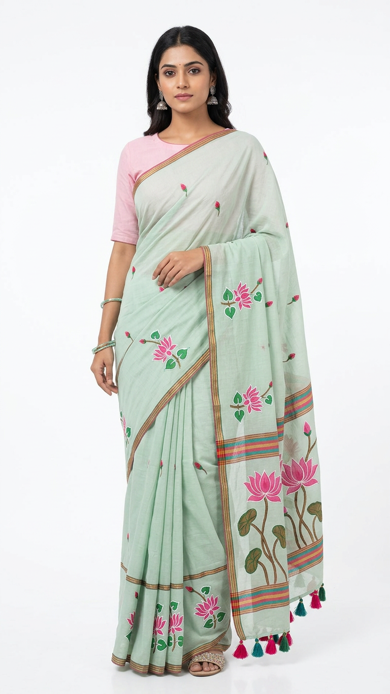 Mul cotton embroidered saree ready towearwithfallpico