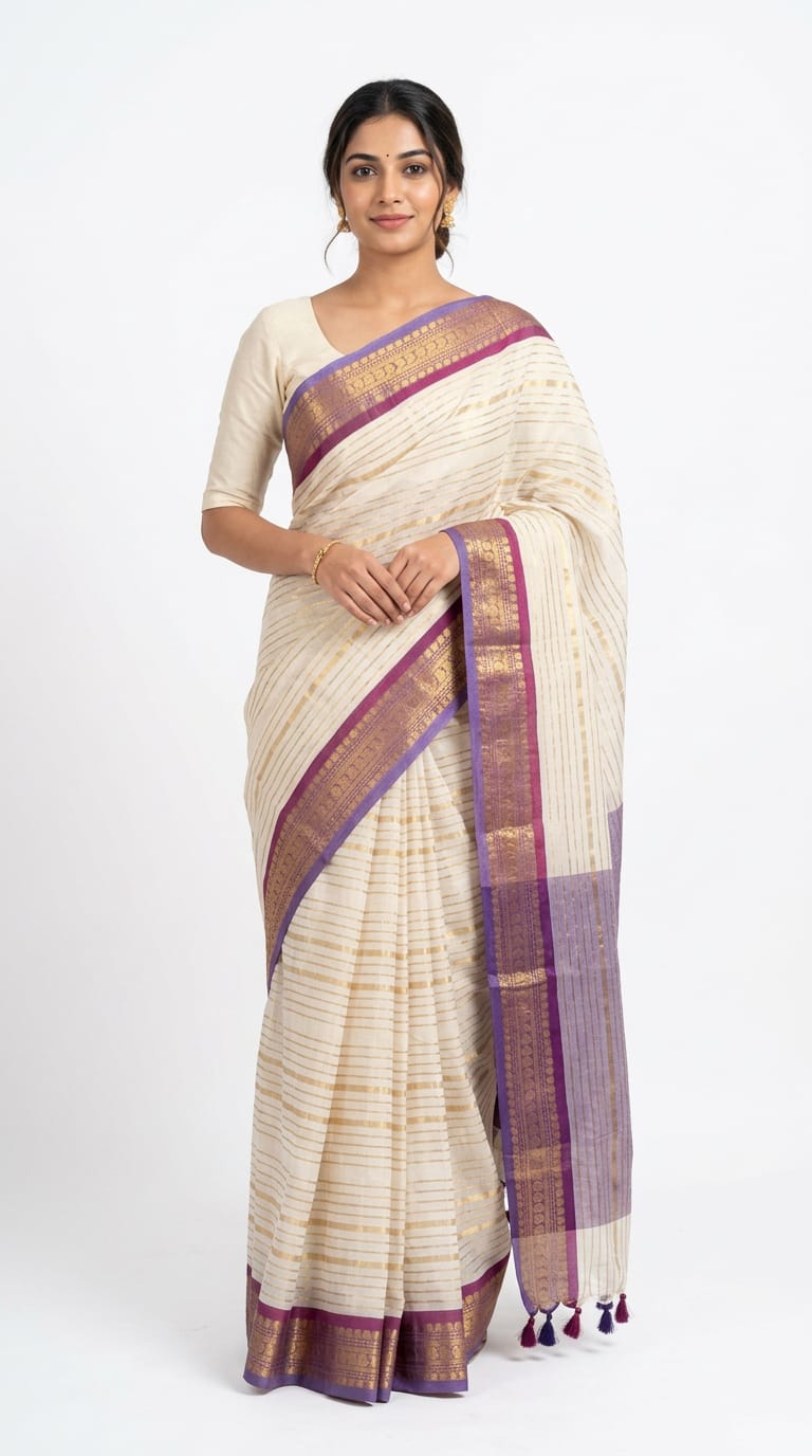 Mul cotton gold zari purple border saree ready to wear