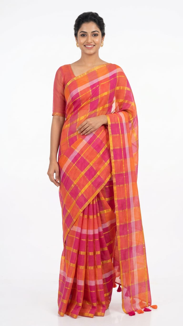 Classic mul cotton magenta orange with zari checks ready to wear saree
