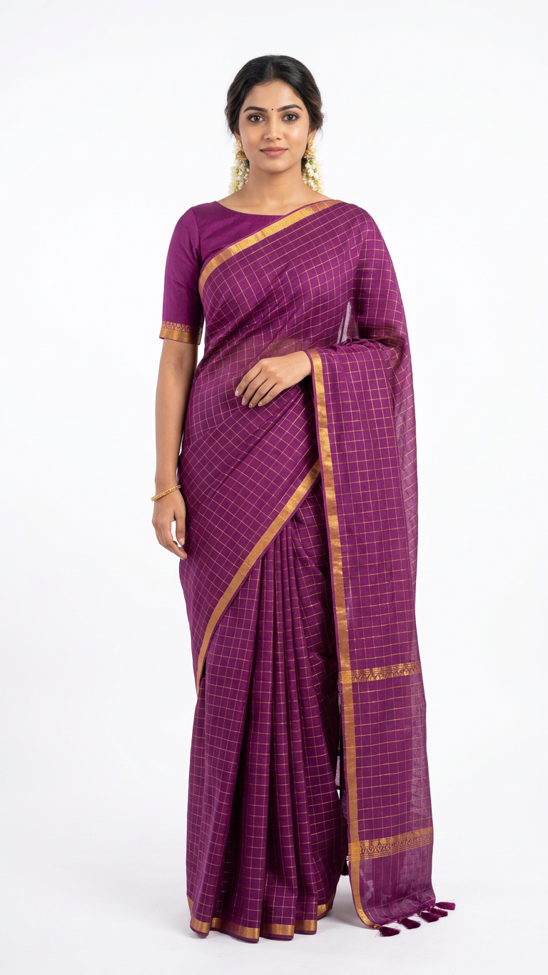 Royal mul cotton zari checks saree ready to wear
