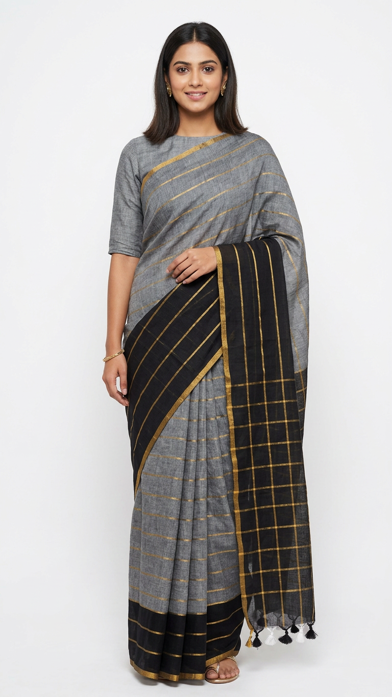 Classic mul cotton with zari stripes and checks ready to wear saree