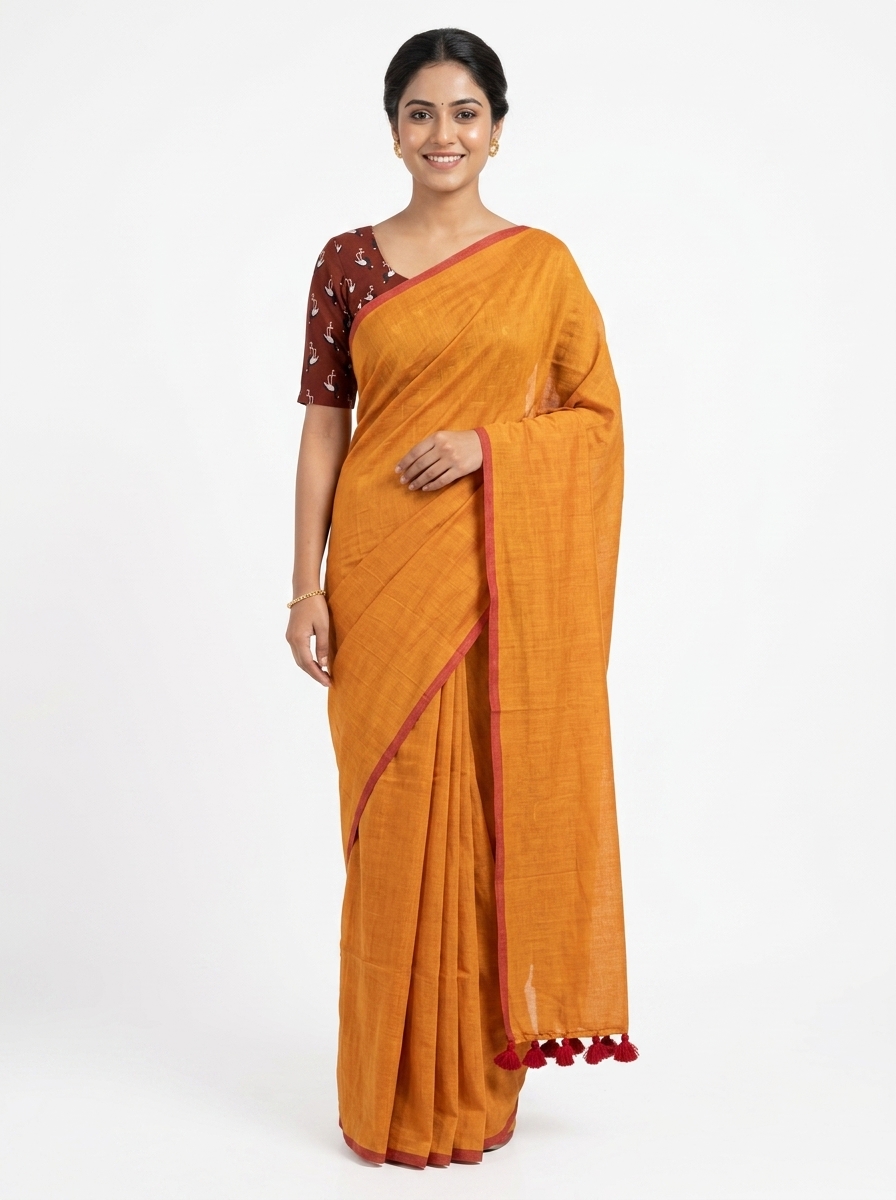 Royal khadi cotton saree with printed blouse ready to wear