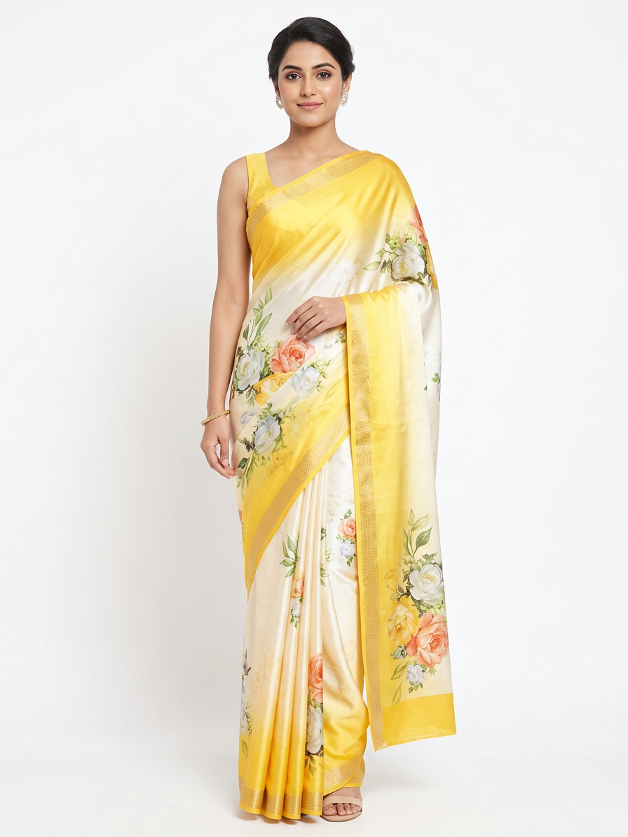 Premium satin silk printed floral saree ready to wear