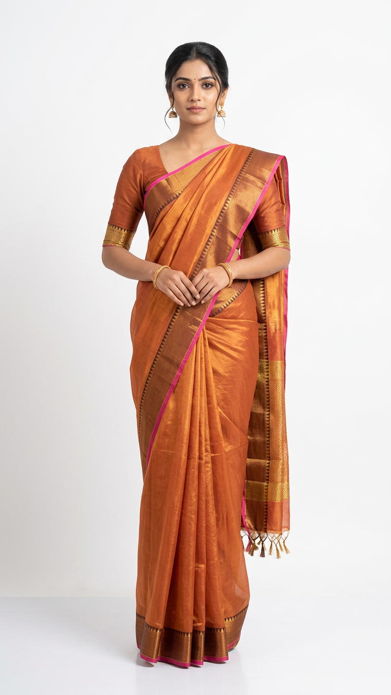 Metallic silk temple boarder ready to wear saree