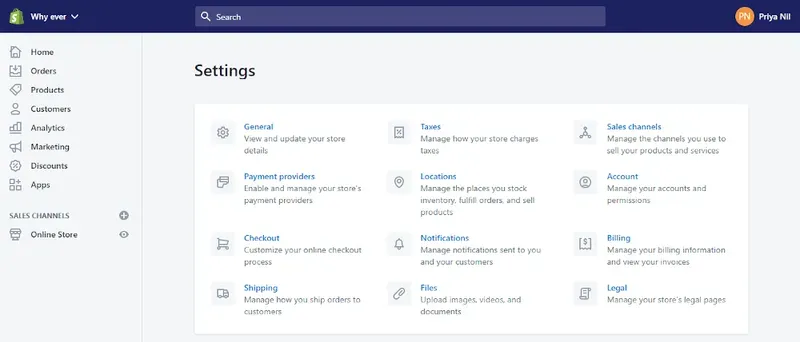 Settings page Shopify