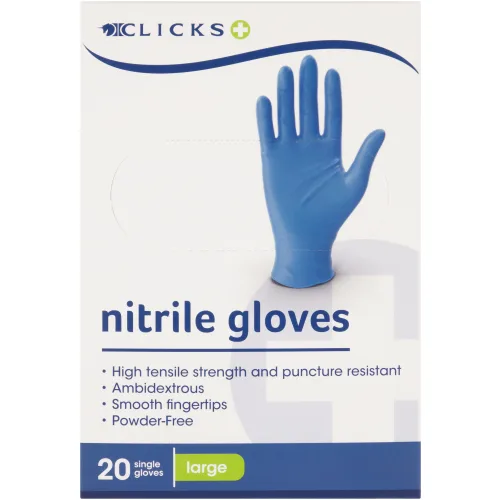 Clicks nitrile examination gloves, powder-free, large, 20