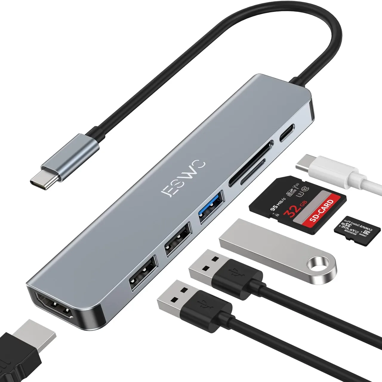 Hub USB-C JESWO 7 en 1 avec HDMI 4K, USB 3.0 et lecteur SD (NC701)