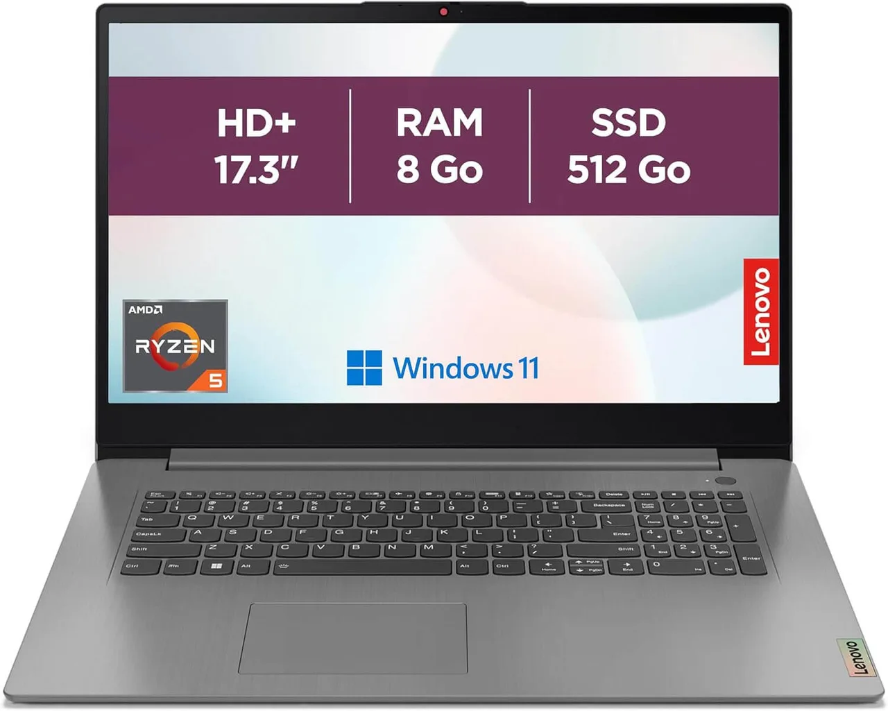 Ordinateur portable Lenovo IdeaPad 3 17ABA7 17,3 pouces, Ryzen 5 5625U, 8 Go, SSD 512 Go