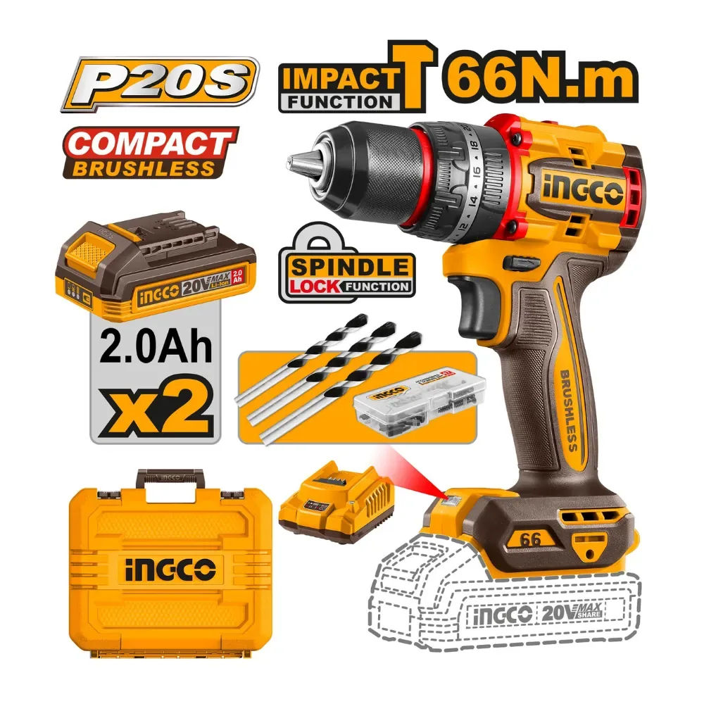 INGCO CIDLI20668 20 V cordless impact drill, 66 Nm, 2 batteries