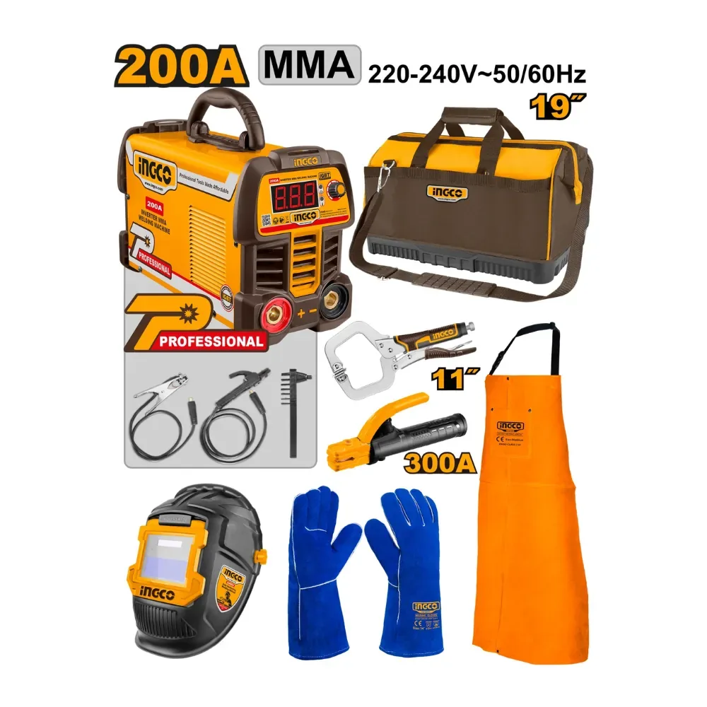 INGCO COS25075 welding kit with 200 A inverter welder, 7 pieces