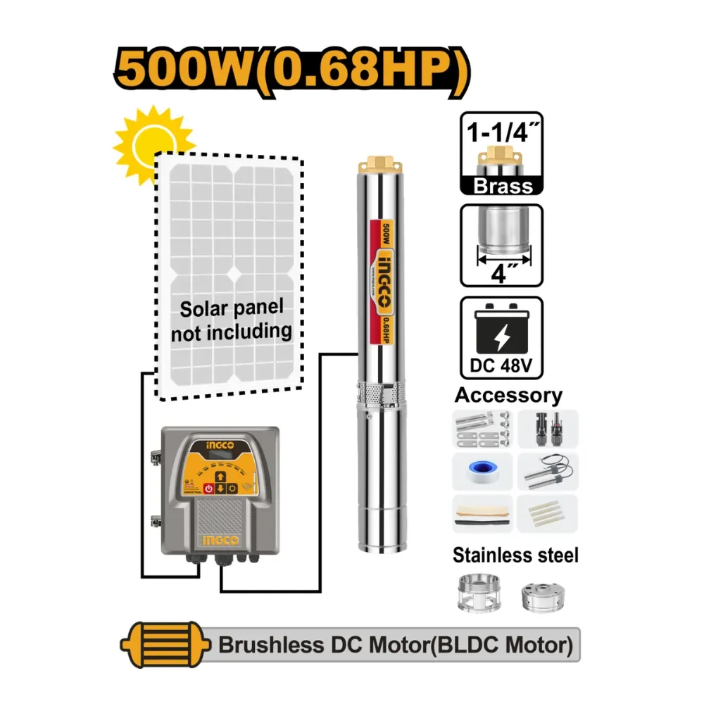 INGCO DWPDC50061 solar borehole pump, 4 in, 500 W, 48 V DC