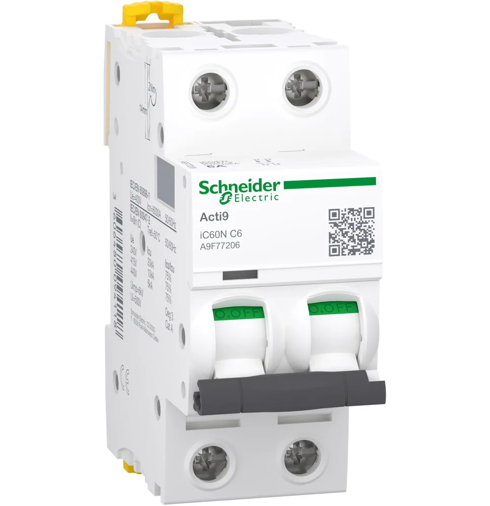 Schneider Electric Acti9 iC60N circuit breaker, 2P, 6 A, C curve