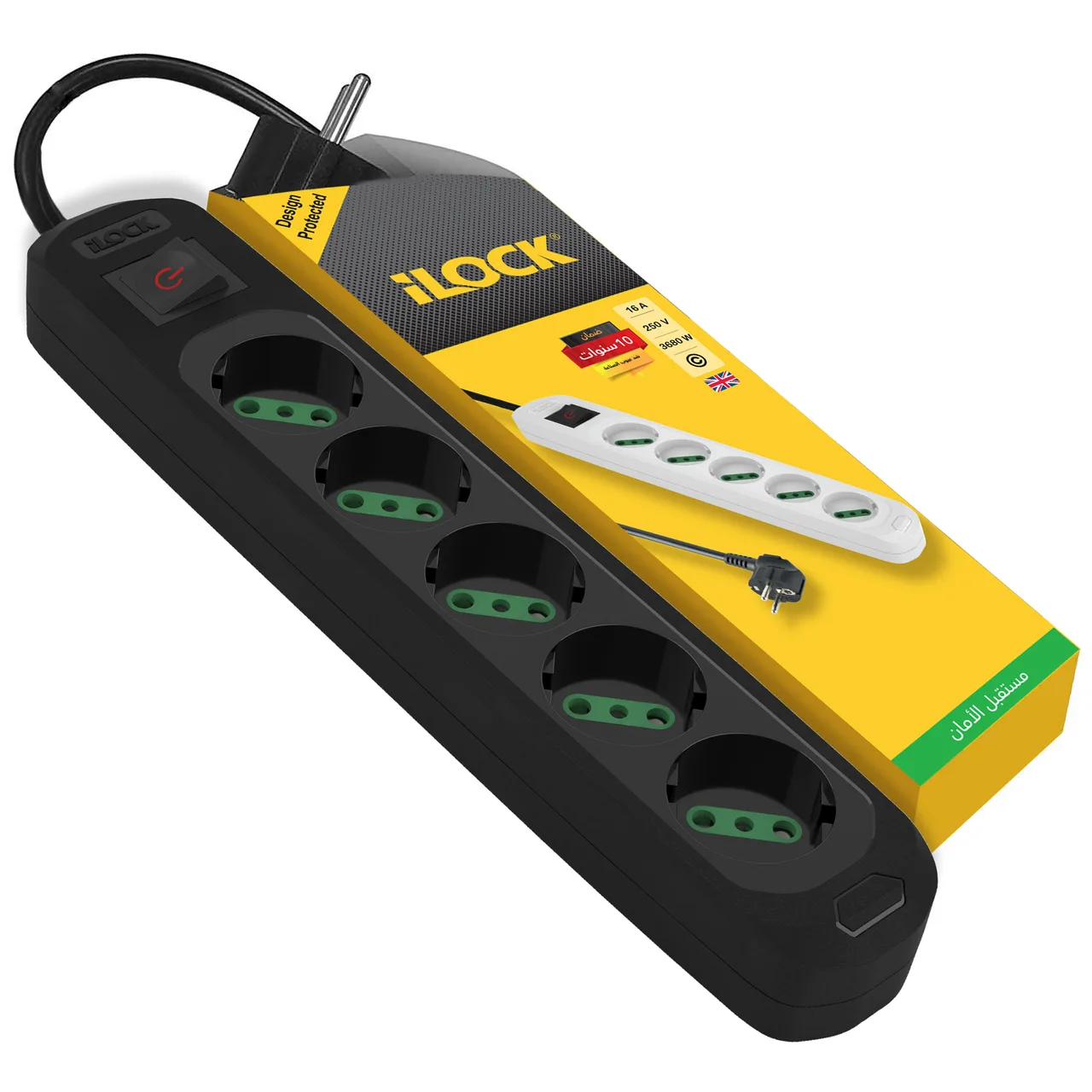 Ilock 5-socket power strip, 3,500 W, 1.5 m