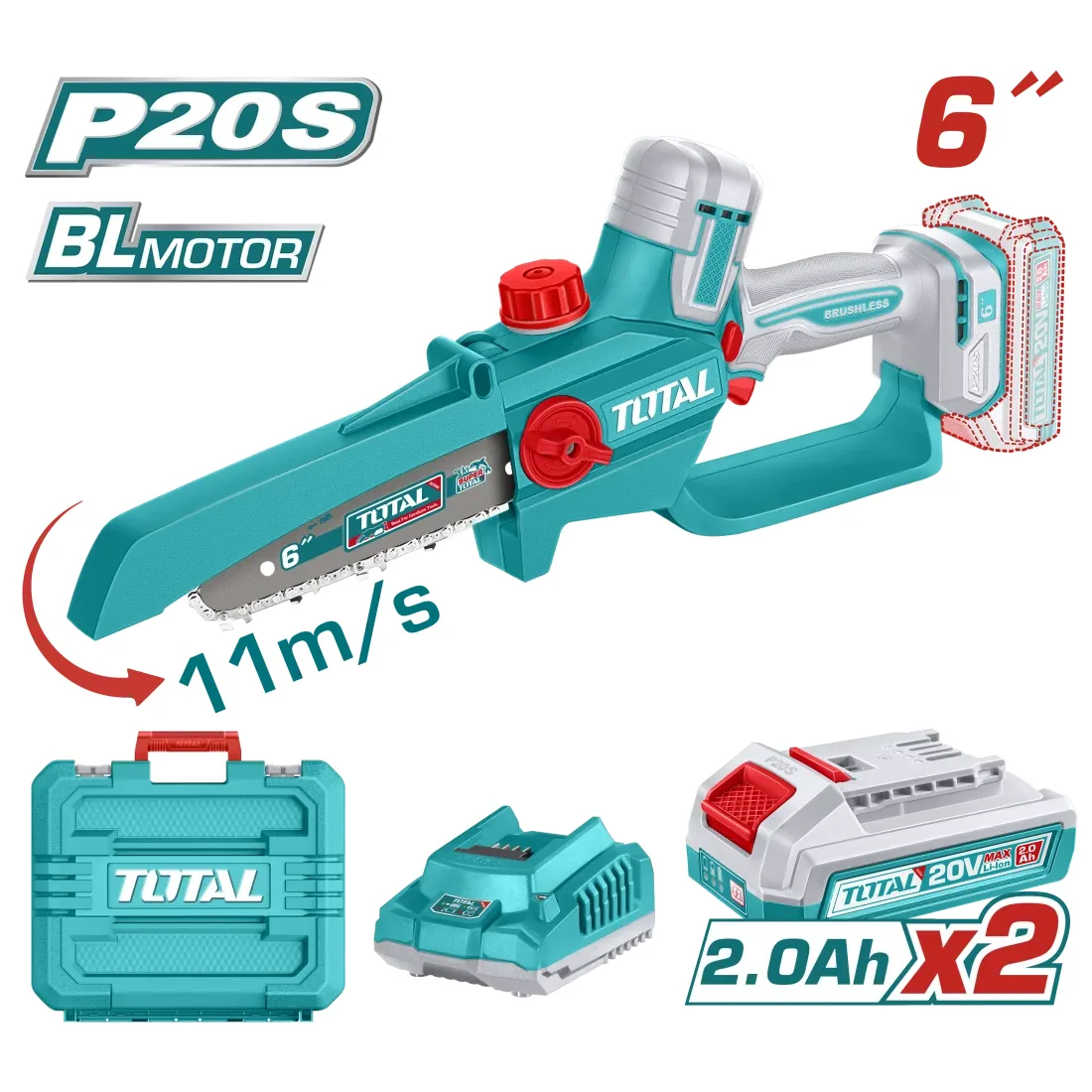 Total TGSLI20662 cordless pruning chainsaw 6 inch, 20 V, 2 batteries
