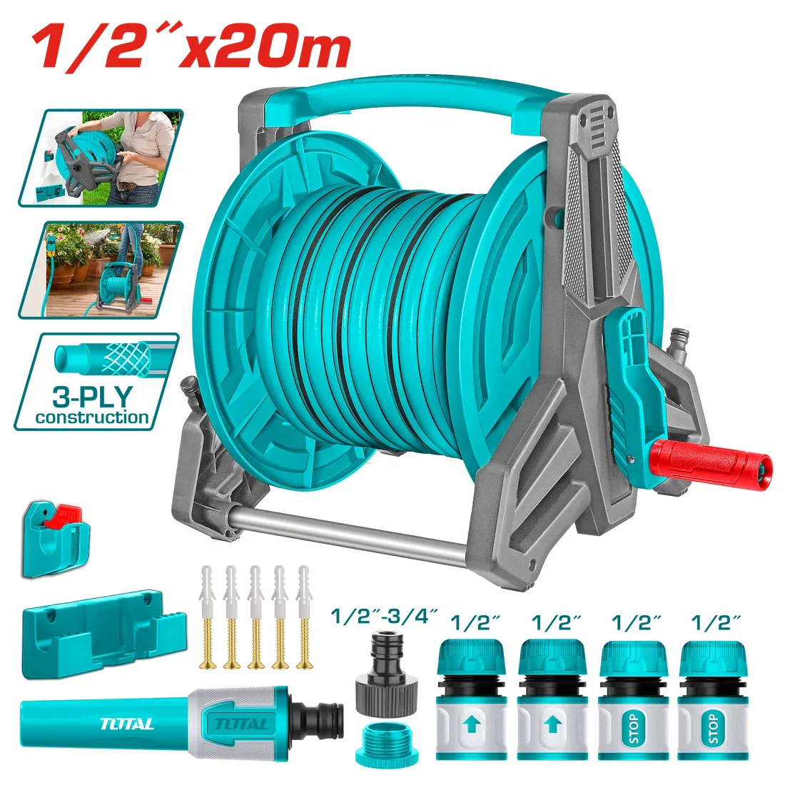 Total THHR20124 hose reel with 20 m of 1/2 inch hose