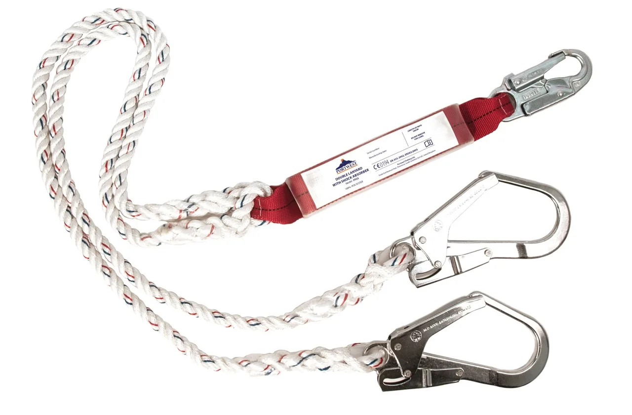Double lanyard with shock absorber and scaffold hooks