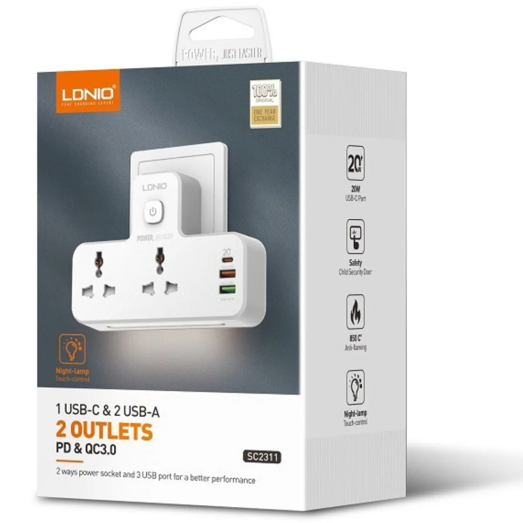 LDNIO SC2311 Power Strip, 2 Sockets and 3 USB