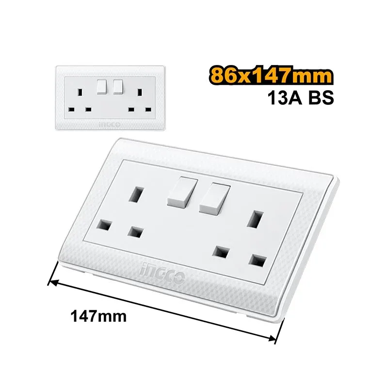 Ingco 2-gang 13 A switched BS socket, HESST0213A