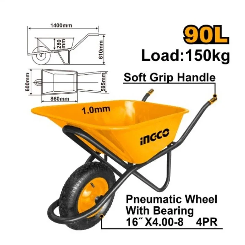 Ingco 90 litre heavy-duty wheelbarrow, 150 kg, HHWB64018G