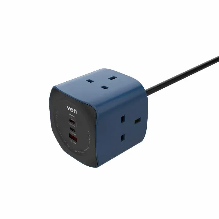 Von VCE0365W3ULK 3-way socket cube with 65 W USB-C, 2 m