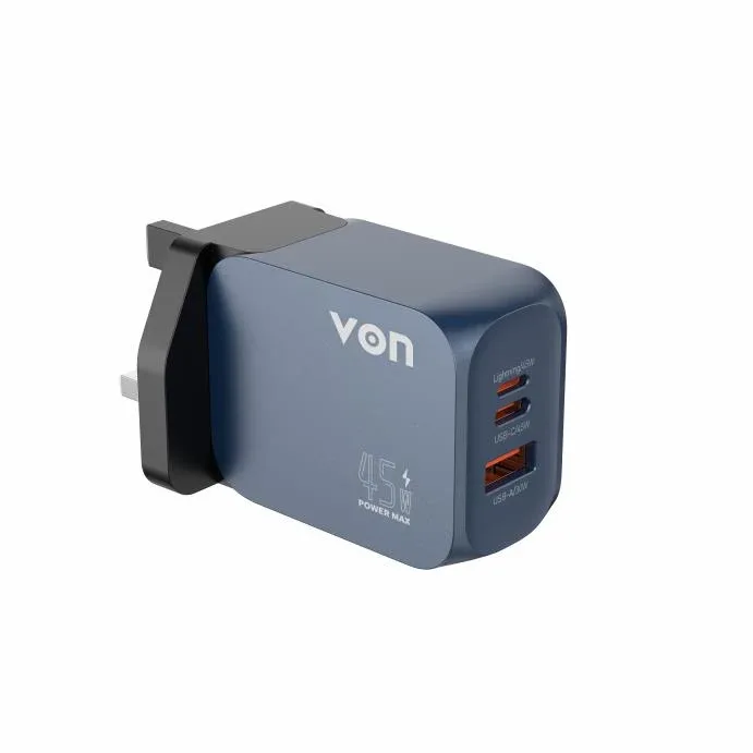 Von PowerCube VPC045W3ULK 45 W GaN charger, USB-C, USB-A and Lightning