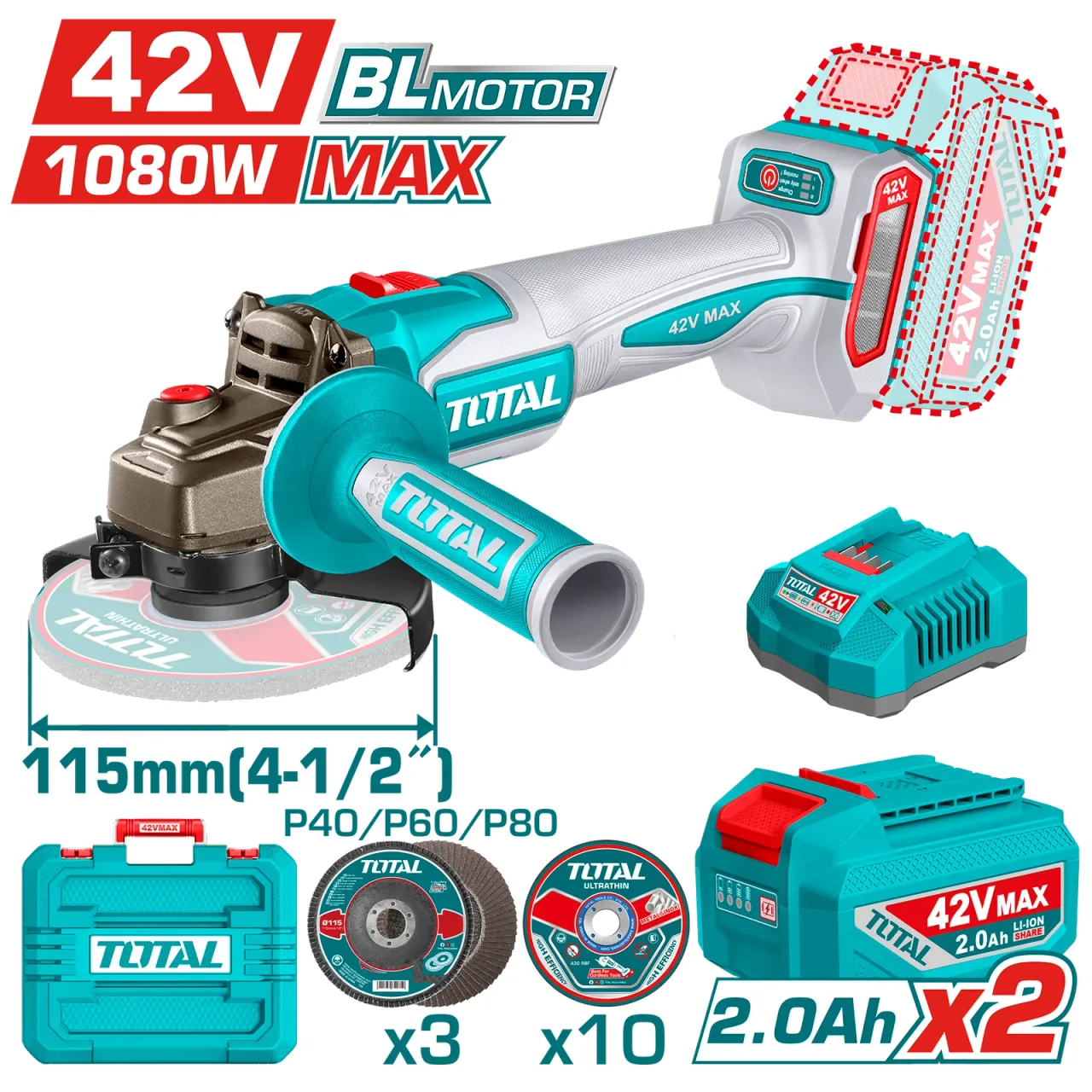 Grinda ya TOTAL isiyo na waya 42V, diski mm 115